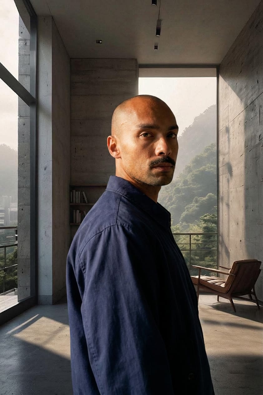 A man in a blue overshirt standing in a concrete loft with a mountain view.