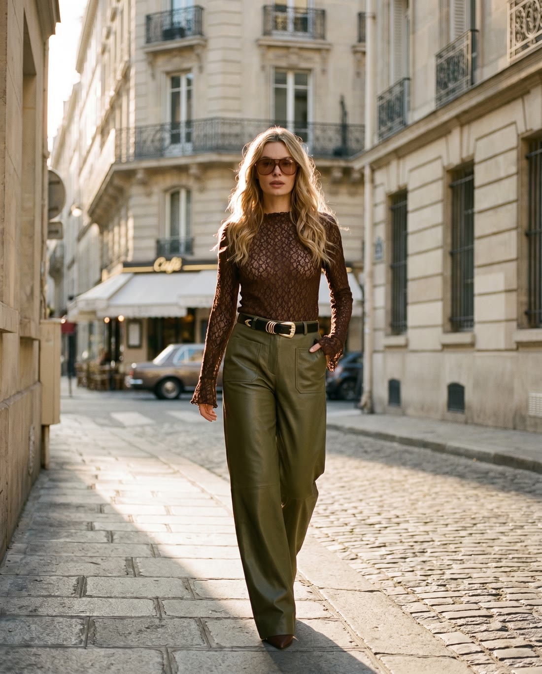 A woman in a dark lace top and olive trousers walking a European street in daylight.