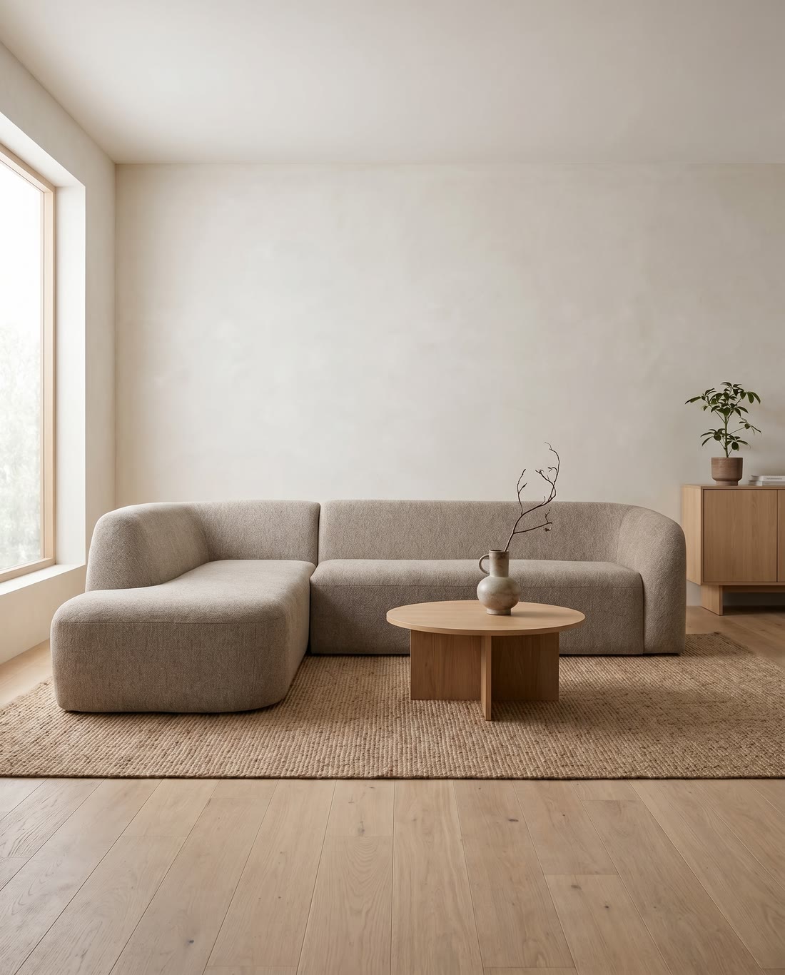 A low pale sofa and round table in a warm empty room with wide plank flooring.