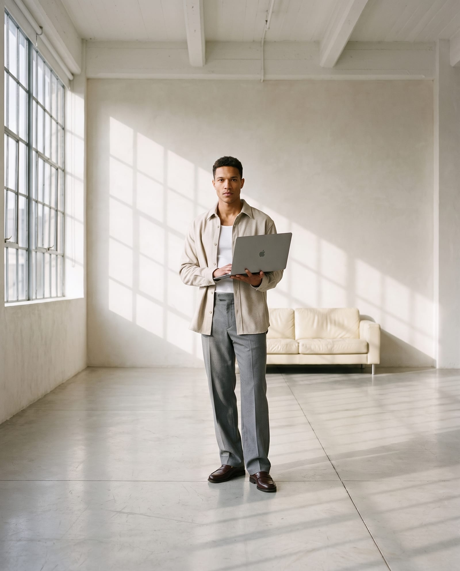 A man standing in a daylit loft holding an open laptop, window light across the wall behind him.