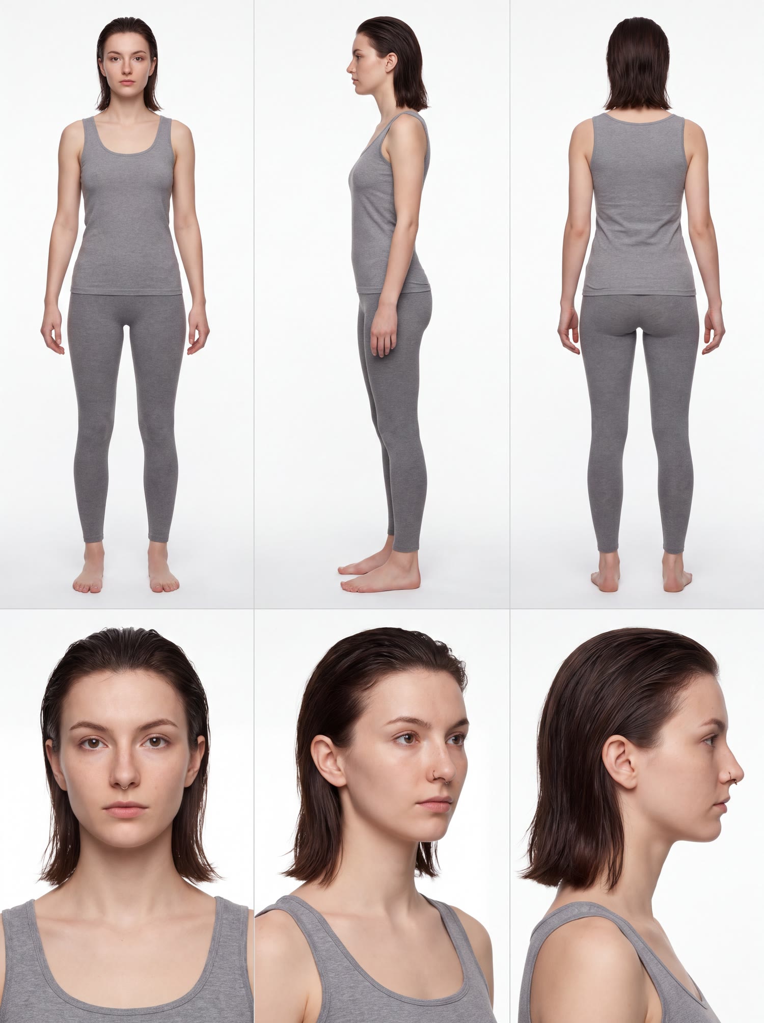 A six panel character reference sheet of the same model.