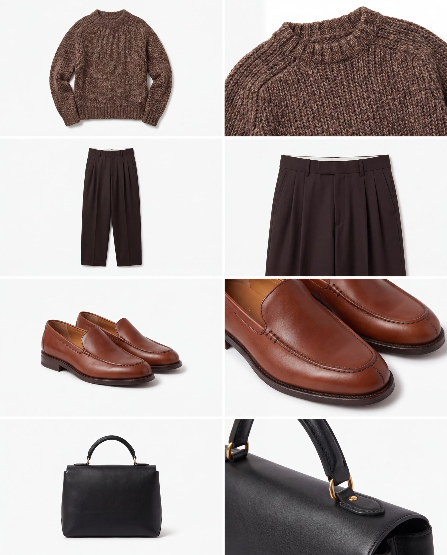 A grid of eight garment shots: sweater, trousers, skirt, shoes, bag, on a white ground.